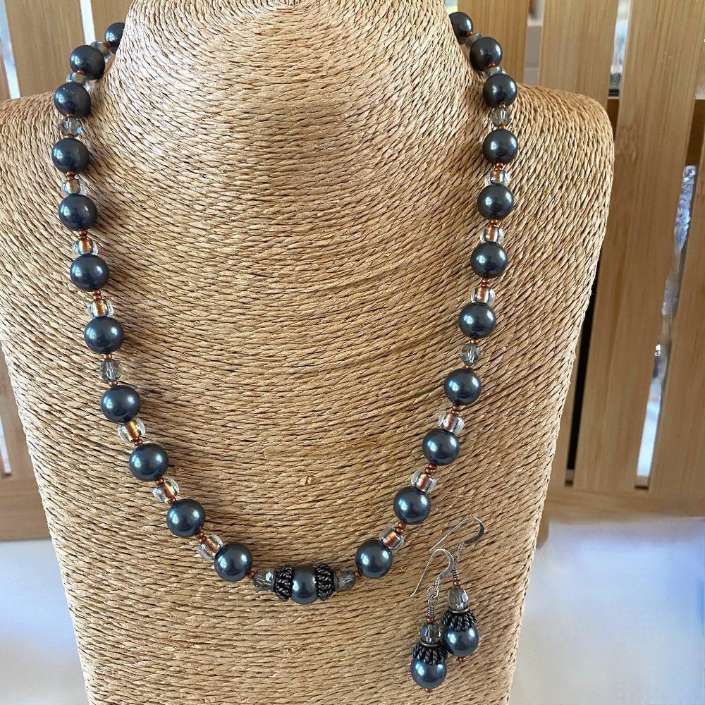 SW Pearls Crystal and 925 Silver Necklace & Earrings One of a Kind Handmade EUC